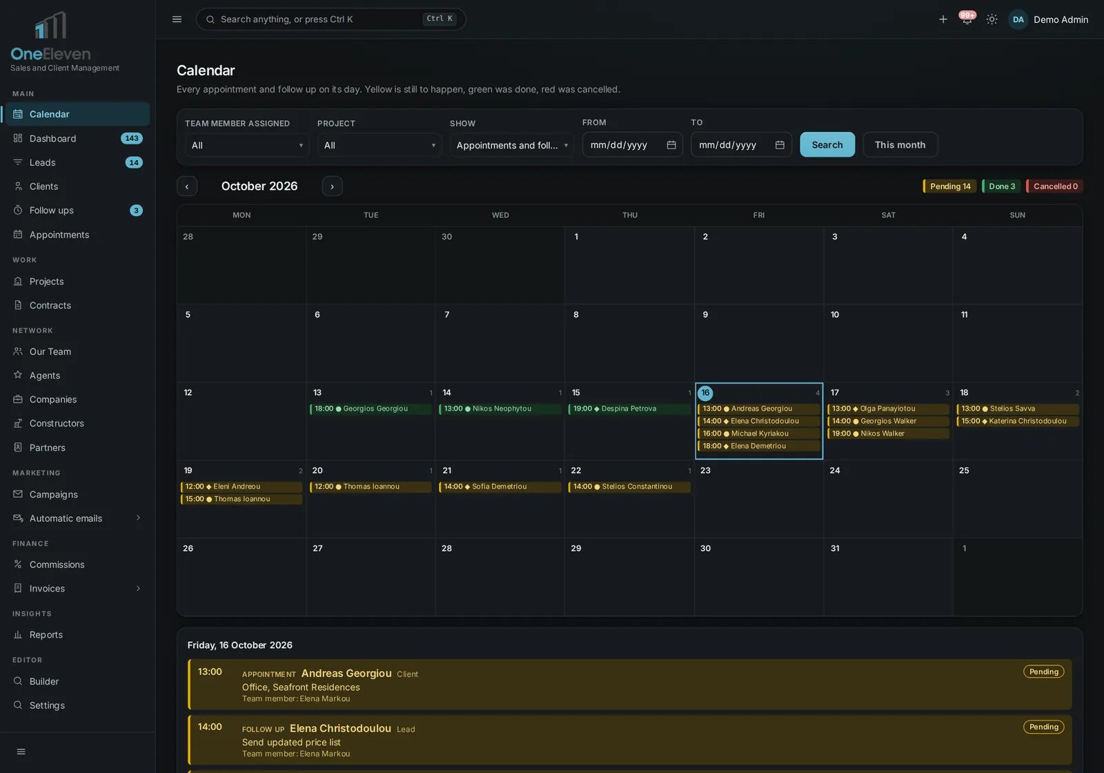 A month calendar with demo appointments and follow ups for the sales team