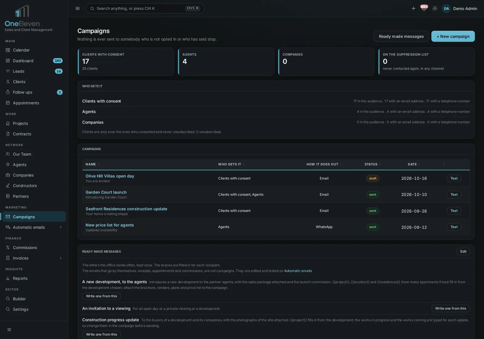 The campaigns page with demo campaigns, their audience, channel and status