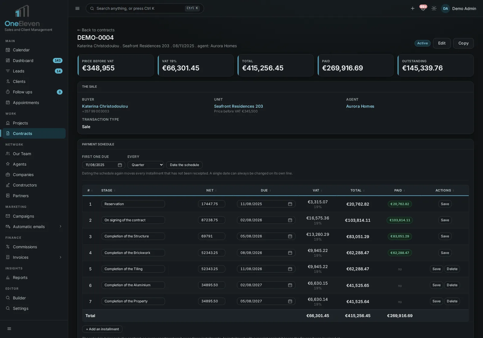 A demo contract with the price, amount paid, amount outstanding and its payment schedule