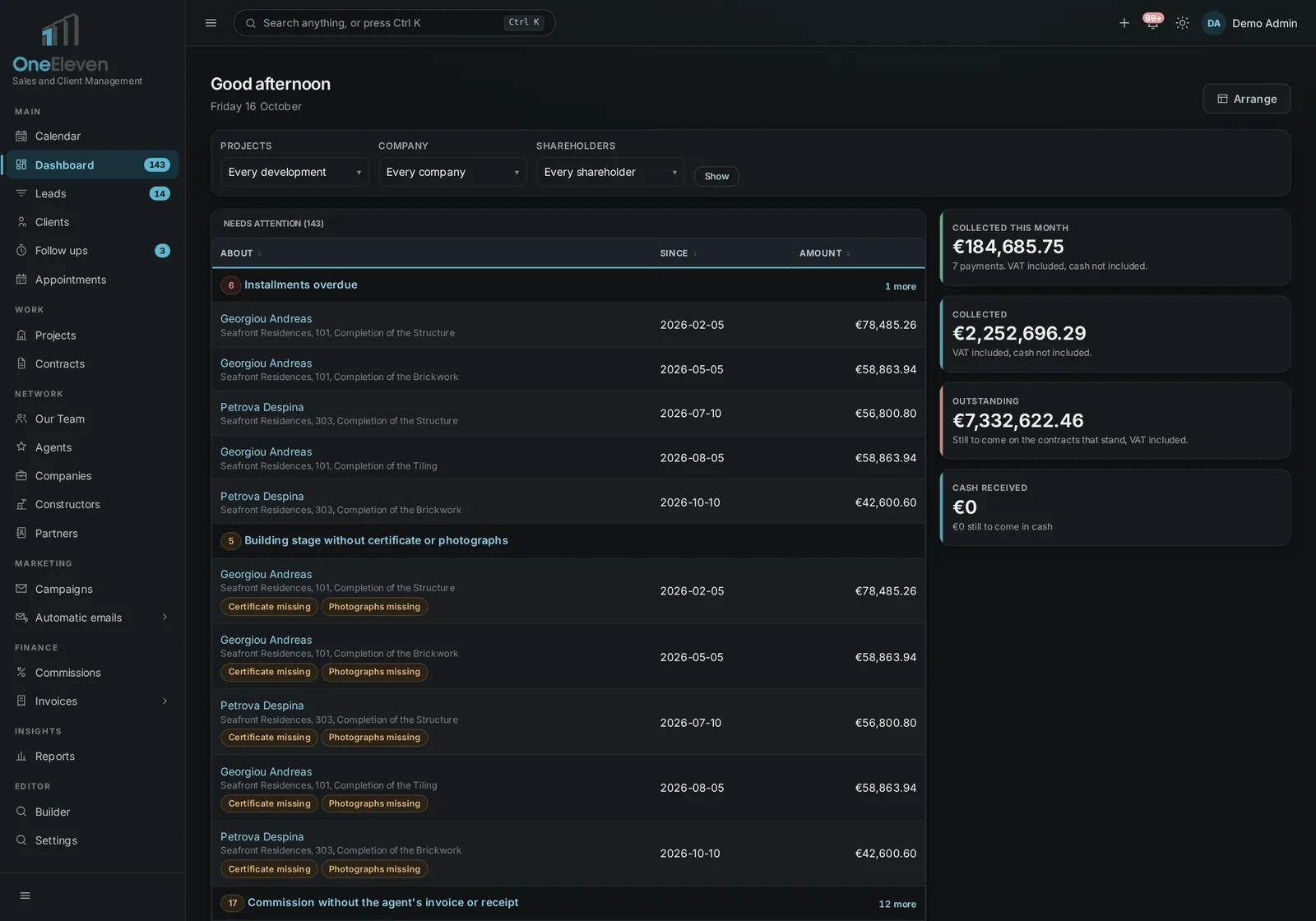 The OneEleven dashboard with demo figures for money collected and outstanding, and the payments that need attention