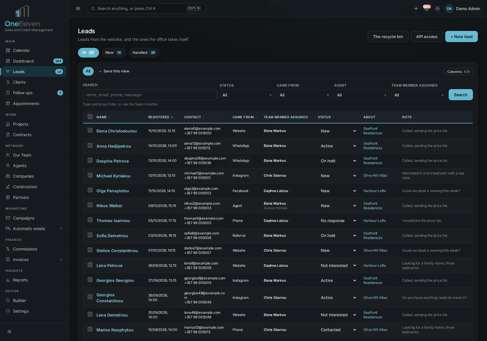 The leads list with demo enquiries, their source, the team member assigned and their status